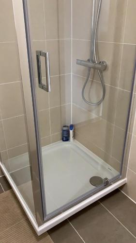 a shower with a glass door in a bathroom at Panda Bella in Zaventem