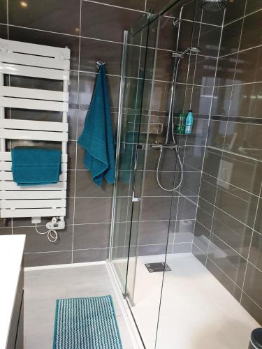 une douche avec une porte vitrée dans une salle de bain dans l'établissement Villa Mia, à Vence