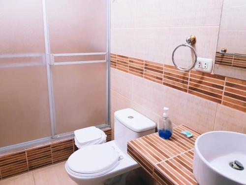 a bathroom with a toilet and a sink and a shower at Departamento Marifer in Tacna