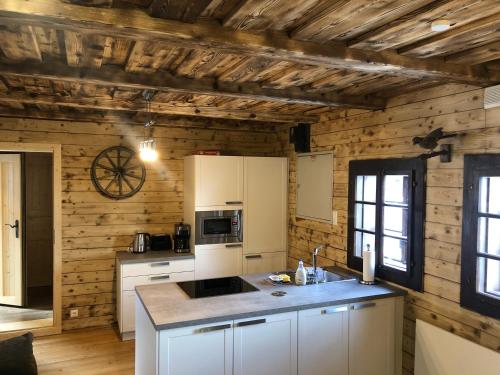 a kitchen with white appliances and wooden walls at Stubihuettn in Sonnenalpe Nassfeld