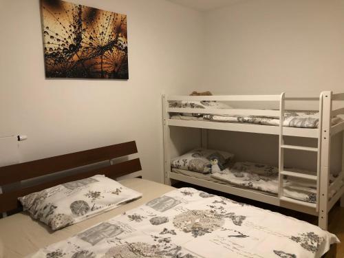 um quarto com 2 camas e um beliche em Apartmán Jitka - Slunečná louka em Cerný Dul