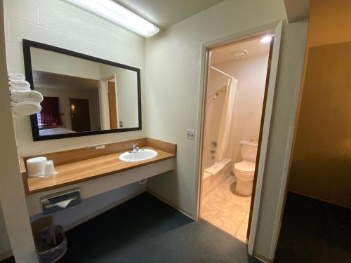 een badkamer met een wastafel, een spiegel en een toilet bij Orland Inn in Orland