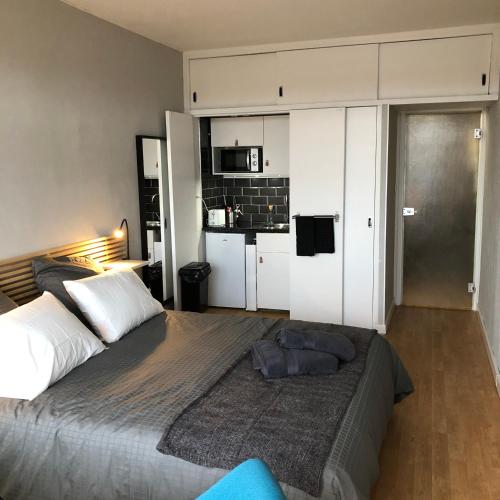 une chambre avec un grand lit et une cuisine dans l'établissement Studio hyper centre avec Parking, à Toulouse