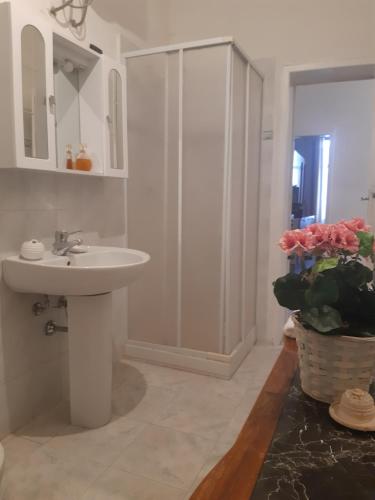een badkamer met een wastafel, een douche en bloemen bij Il Falco Grillaio in Laterza