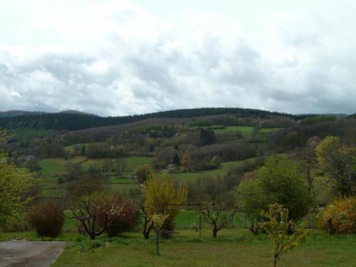 a view of a green field with trees and hills at Gîte Meublé in Anost