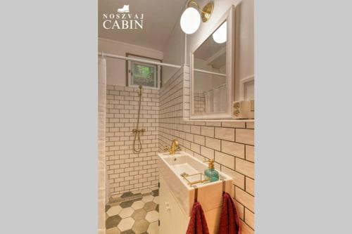 a bathroom with a sink and a mirror at Noszvaj Cabin in Noszvaj