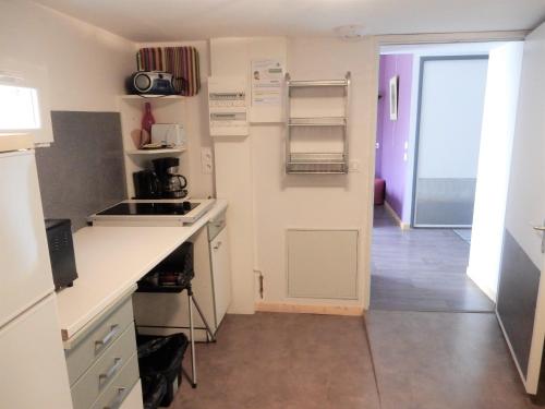 uma pequena cozinha com um lavatório e um fogão em Gîte à la campagne proche d'Angers et de la Loire em Saint-Martin-du-Fouilloux