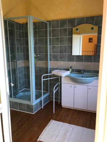 ein Bad mit einer Badewanne, einem Waschbecken und einer Dusche in der Unterkunft Roulage Ferme 18ème Normandie Plage in Longueville