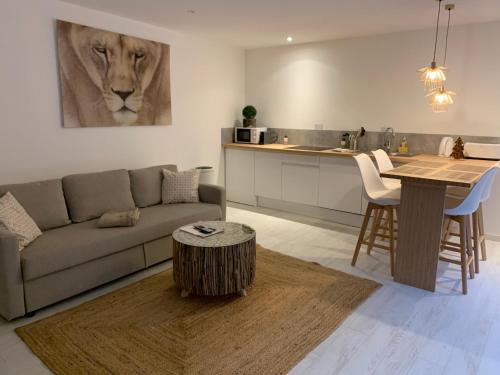 a living room with a couch and a lion painting on the wall at Victoria's House in Lille