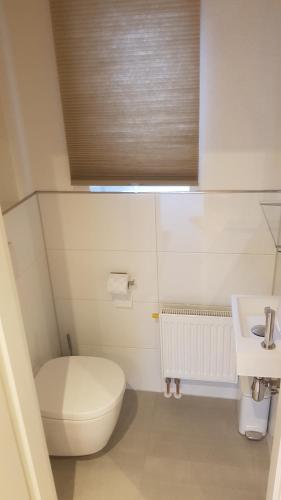 a small bathroom with a toilet and a sink at Ferienwohnung Eyb mit Terrasse und Garten in Ansbach
