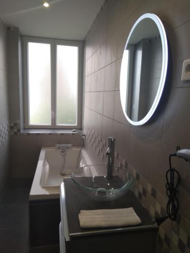 a bathroom with a sink and a mirror and a tub at Les Gîtes du Château de Passillé in Parigné