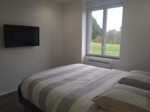 a bedroom with a bed and a tv and a window at Les Gîtes du Château de Passillé in Parigné