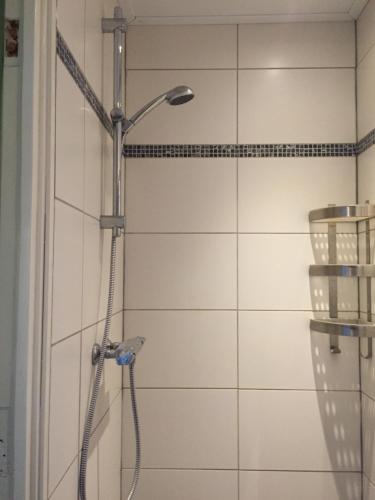een douche met een douchekop in de badkamer bij B&B Vogelhof in Wapenveld