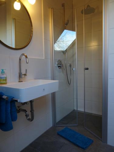 a bathroom with a sink and a shower at Ferienwohnung Molopark im Haus Ecker in Murnau am Staffelsee