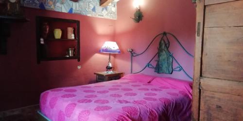 Dormitorio rosa con cama con edredón rosa en Casa Aljez, en Calatayud