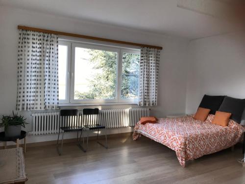 ein Schlafzimmer mit einem Bett und einem großen Fenster in der Unterkunft De tuin van Agatha in Kortessem