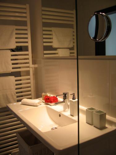 a bathroom with a sink and a mirror at Haus Dürresbach in Hennef