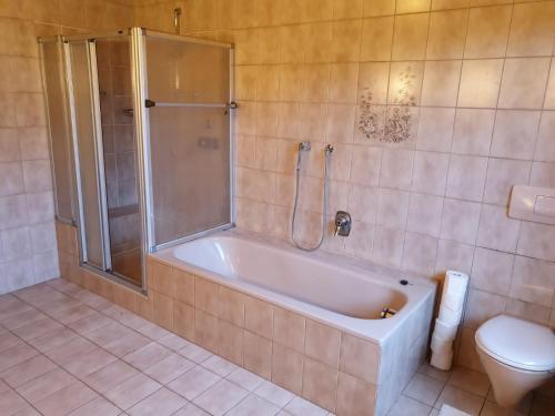 SurwoldにあるFerienwohnung 1 Bauernhof von Edenのバスルーム(バスタブ、シャワー、トイレ付)