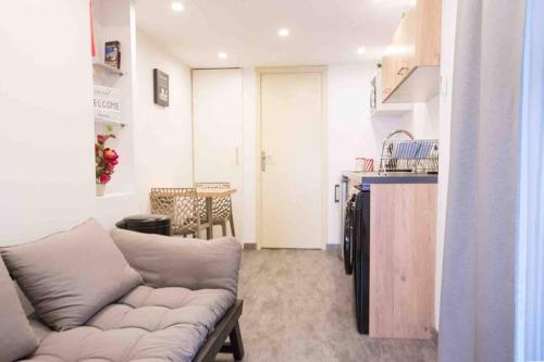 un salon avec un canapé et une cuisine dans l'établissement La cour du faubourg 3, à Strasbourg