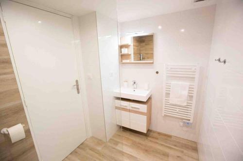 une salle de bain blanche avec un lavabo et un miroir dans l'établissement La cour du faubourg 3, à Strasbourg