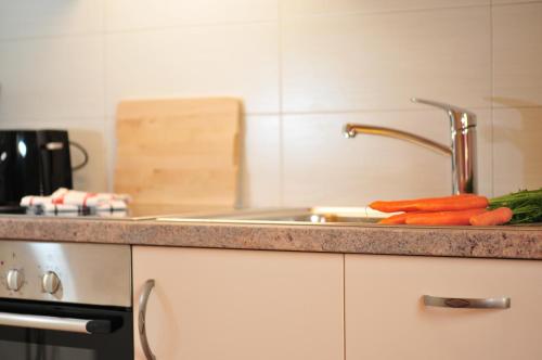 a kitchen counter with a sink and some carrots at Oberkantiolhof in Villnoss
