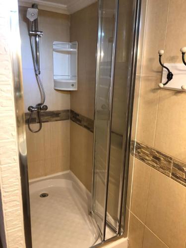 a shower in a bathroom with a glass shower stall at LEMON TREE VILLA in Monserrat
