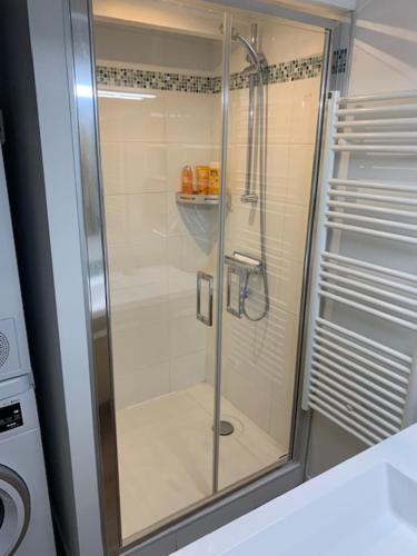 une douche avec une porte vitrée dans une salle de bain dans l'établissement Brittany Vacation Rental, à Plomelin