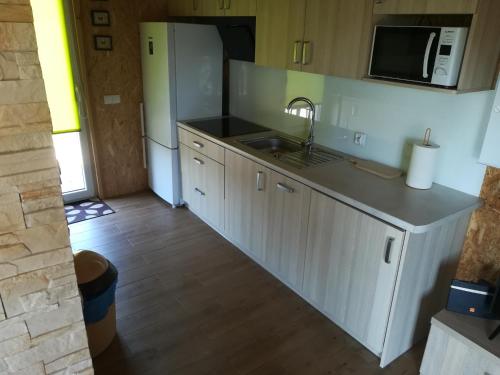 a kitchen with a sink and a refrigerator at Słoneczne Zacisze in Miłomłyn