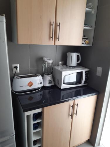 encimera de cocina con microondas y tostadora en Casa 842 Condominio Bosque de Puerto Pucon, en Pucón