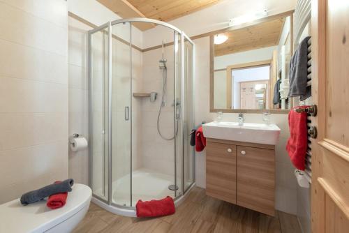 a bathroom with a shower and a toilet and a sink at Oberkantiolhof in Villnoss