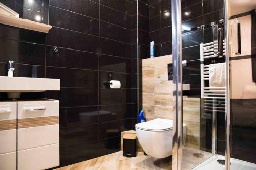 une salle de bain avec toilettes et douche en verre dans l'établissement La Cour du Faubourg 2 (LCDF2), à Strasbourg