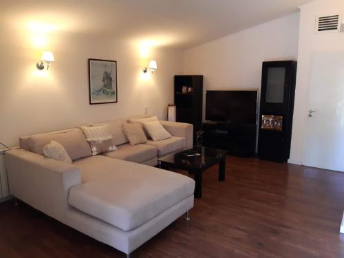 uma sala de estar com um sofá e uma televisão em Casa Simona Villa General Belgrano em Villa General Belgrano