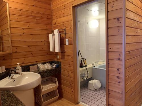 a bathroom with a sink and a toilet and a shower at Grand Park Hotel Okubiwako Makino in Takashima