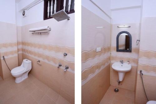 two pictures of a bathroom with a toilet and a sink at Swapnatheeram Beach Resort in Kovalam