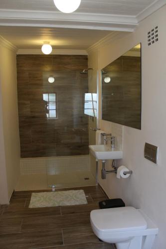 a bathroom with a shower and a toilet and a sink at Fernando's Guest House in Port Elizabeth
