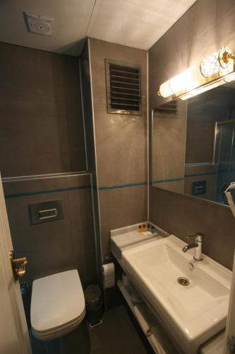 W łazience znajduje się umywalka, toaleta i lustro. w obiekcie Ligos w Stambule