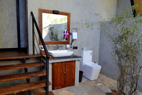 ein Badezimmer mit einem Waschbecken, einem Spiegel und einem WC in der Unterkunft Kottawatta River Bank Resort in Udawalawe