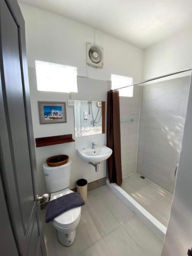 a bathroom with a toilet and a shower and a sink at Patuxay Place in Vientiane