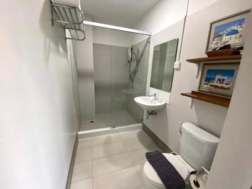 a bathroom with a shower and a toilet and a sink at Patuxay Place in Vientiane
