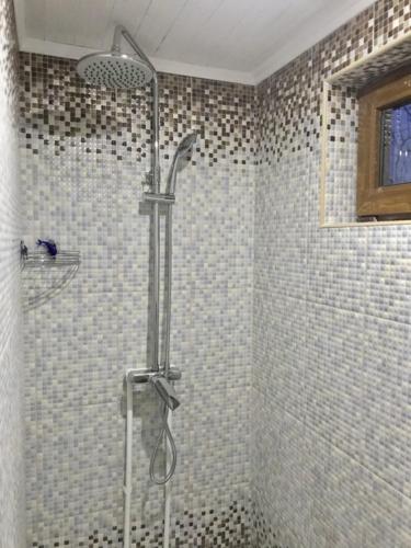 a shower stall in a bathroom with tiled walls at маленькое шале в с.Строенцы in Stroieşti