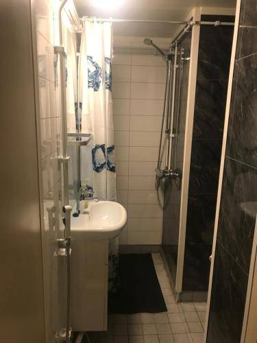 a bathroom with a sink and a shower at Hotel Lamminpää in Tampere