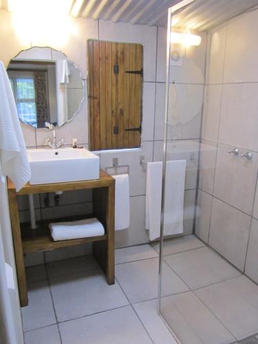y baño con lavabo y ducha. en Tsitsikamma Village Inn, en Stormsrivier