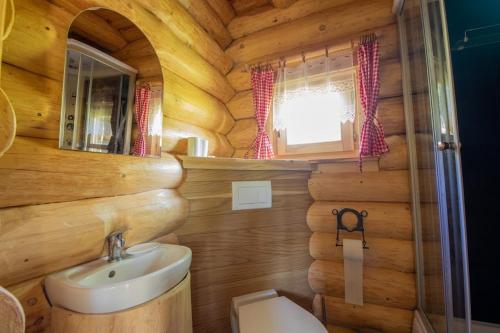 un bagno in una baita di tronchi con lavandino e specchio di Srub RANCH NA HRANICI a Baška
