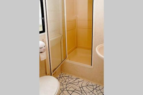 a bathroom with a toilet and a shower and a sink at Violet Mays Retreat in Starcross