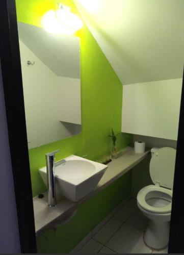 a green bathroom with a toilet and a sink at Duplex a pasitos del centro contactar número primer foto in Posadas