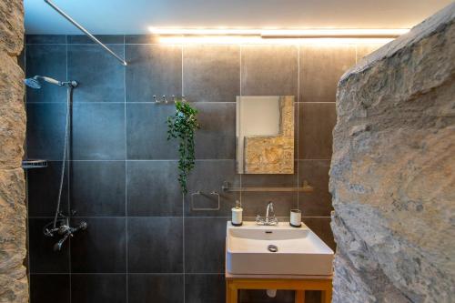 La salle de bains est pourvue d'un lavabo et d'une douche. dans l'établissement Akamantida Platea, à Pano Arodes