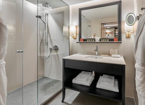 La salle de bains est pourvue d'un lavabo et d'une douche. dans l'établissement Château Saint-Jean, Relais & Châteaux, à Montluçon