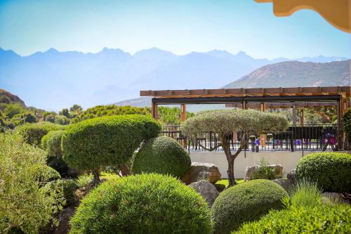 a garden with bushes and trees with mountains in the background at La Villa Calvi in Calvi