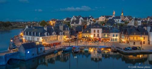 un grupo de edificios y un puerto de noche en studio vue sur le Port saint Goustan classé 3 étoiles!, en Auray