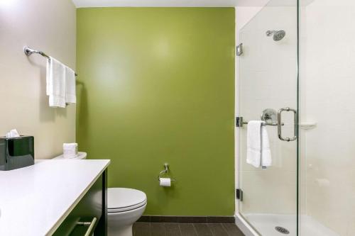 a green bathroom with a toilet and a shower at Sleep Inn & Suites in Columbia